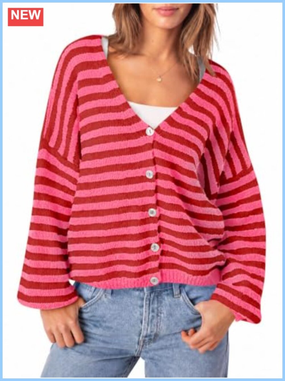 Oversized Striped V-Neck Cardigan with Lantern Sleeves - Acrylic Blend Knit